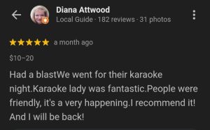 Screenshot of a five-star Google review for Lively Vibes karaoke at The Irish Patriot, highlighting a lively crowd and great hosting.