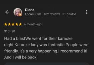 Google Review for Karaoke hosted by Lively Vibes at The Irish Patriot in Orland Park, IL